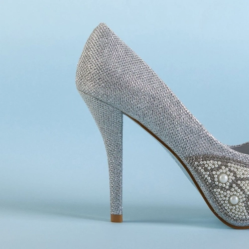 ВИХІД Срібні блискучі жіночі високі підбори з фіанітом та перлами Mira - Взуття