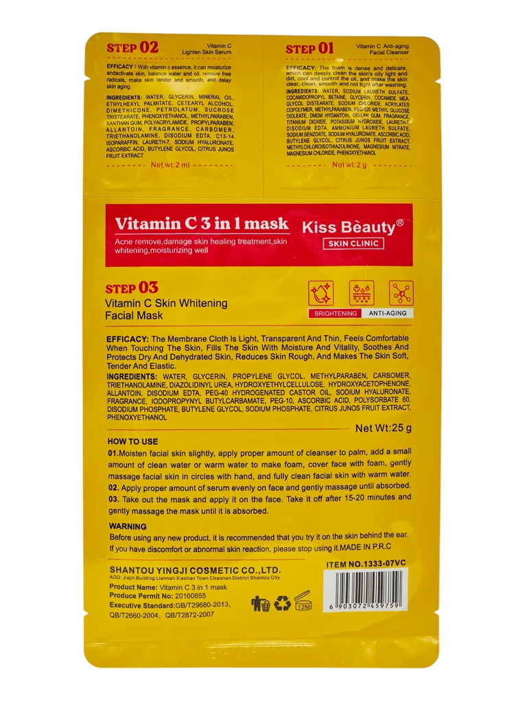 3v1 maska – 1 čištění obličeje, 2 sérum, 3 rozjasňující maska s vitamínem C