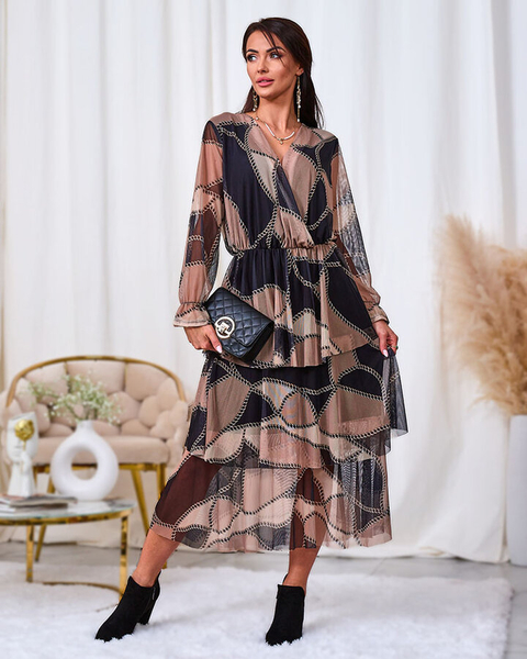 Royalfashion Černo-světle hnědé síťované midi šaty s potiskem
