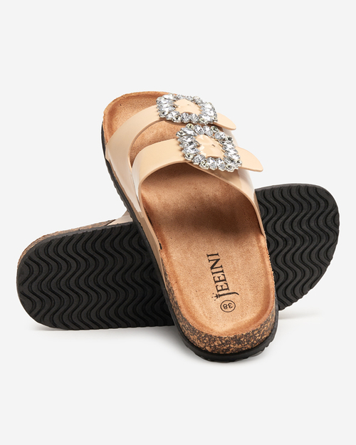 Бежеві жіночі шльопанці з декорованими застібками Olimika