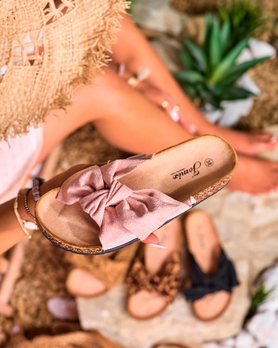 OUTLET Royalfashion Dámské žabky s mašlí v růžové barvě Orofdo