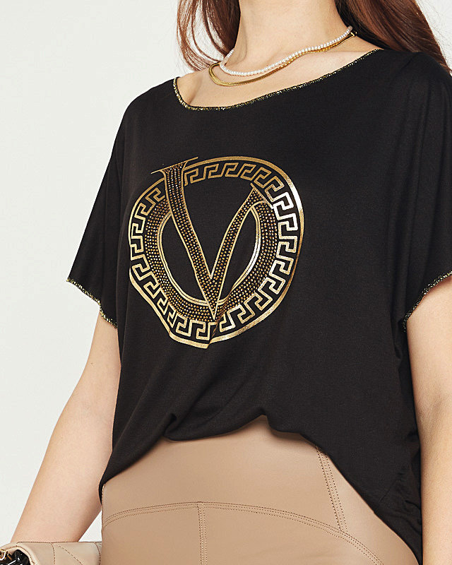 Černá dámská halenka s potiskem a kubickými zirkony - Oblečení