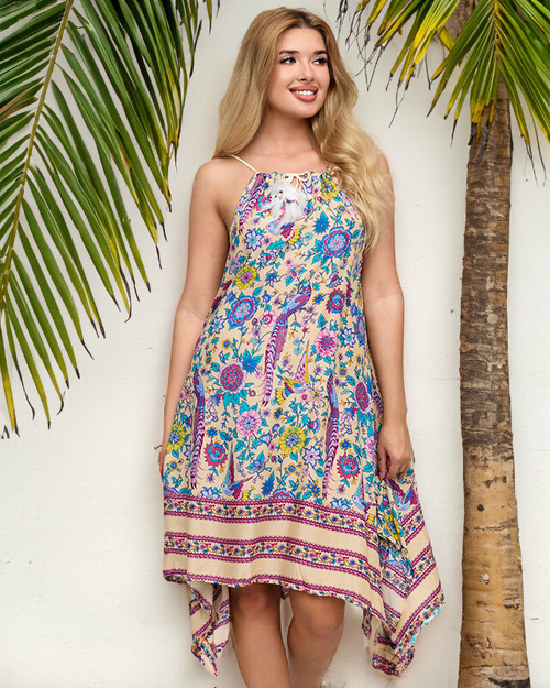 Жіноча бежева сукня накидка з малюнком - Одяг