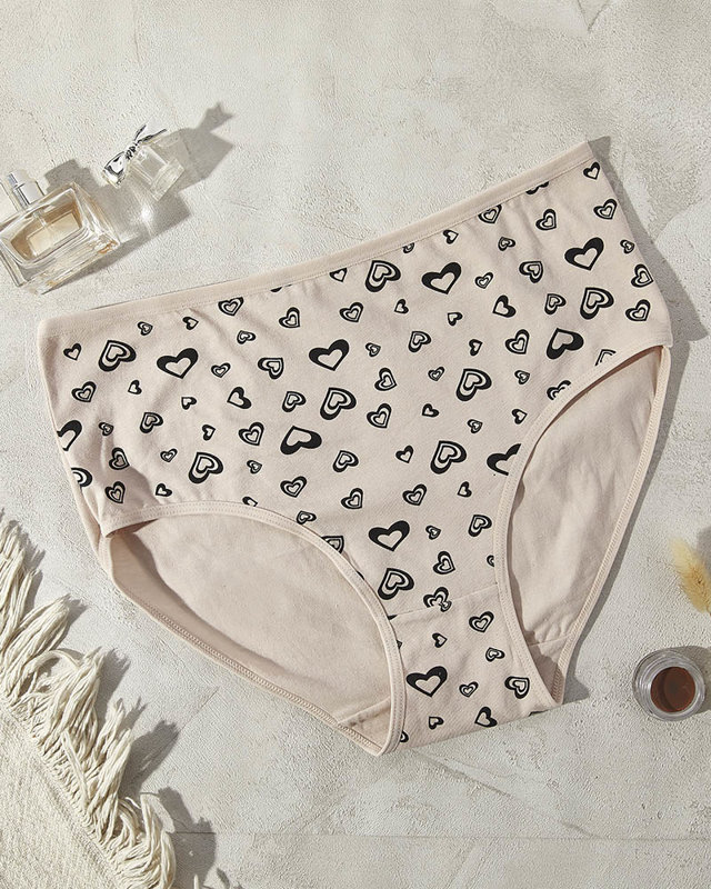 Béžové dámské bavlněné kalhotky se srdíčky PLUS SIZE - Spodní prádlo