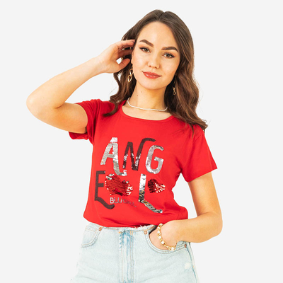 Červené dámské tričko s flitrovým nápisem - Clothing