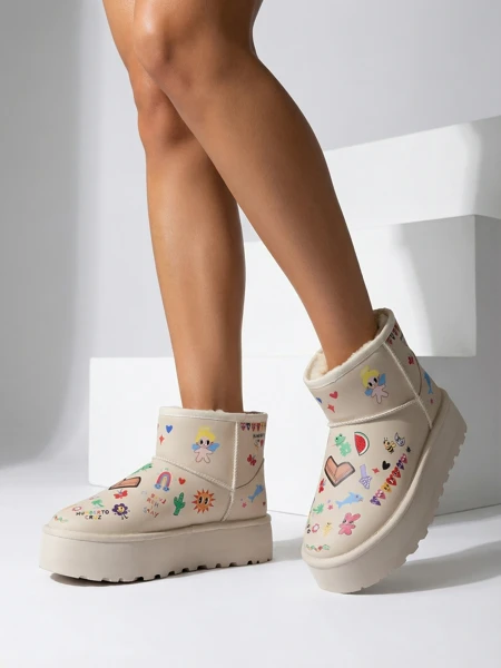 Boty Lemuria - Krémové Sněhule Doodle na Silné Podrážce Furrini