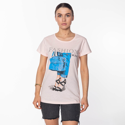 Pudrové dámské tričko s potiskem FASHION-Clothing