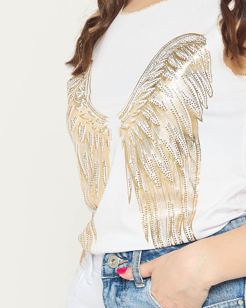 Білий жіночий топ з принтом золотих крил