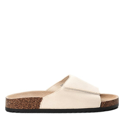 Žabky z béžového suchého zipu od společnosti Lindsey eco suede-. Obuv 1