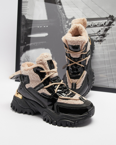 Чорні жіночі спортивні кросівки з хутром та бежевою шнурівкою Adbo- Footwear