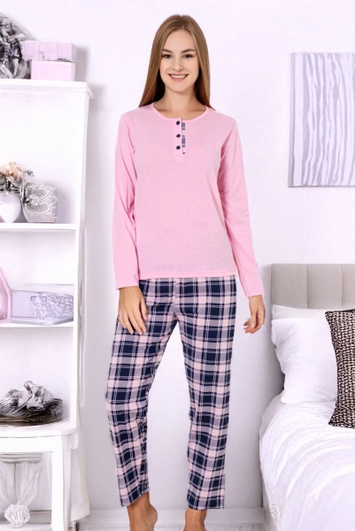 Královská módní bavlněná dámská pyžama s kostkovanými kalhotami