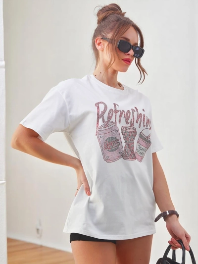 Royalfashion Dámské bavlněné tričko s potiskem s kamínky