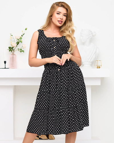 Dámské černé puntíkované šaty ke kolenům - Oblečení