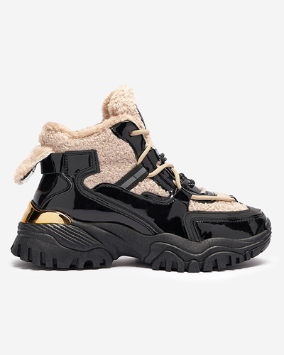 Чорні жіночі спортивні кросівки з хутром та бежевою шнурівкою Adbo- Footwear