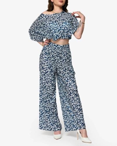 Жіночий темно-синій плісирований комплект з чорними квітами - Одяг