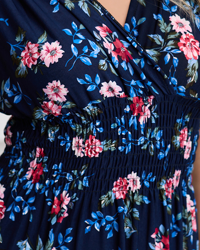 Dlouhé tmavě modré dámské květinové šaty - Oblečení