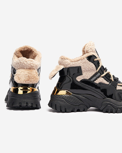 Чорні жіночі спортивні кросівки з хутром та бежевою шнурівкою Adbo- Footwear