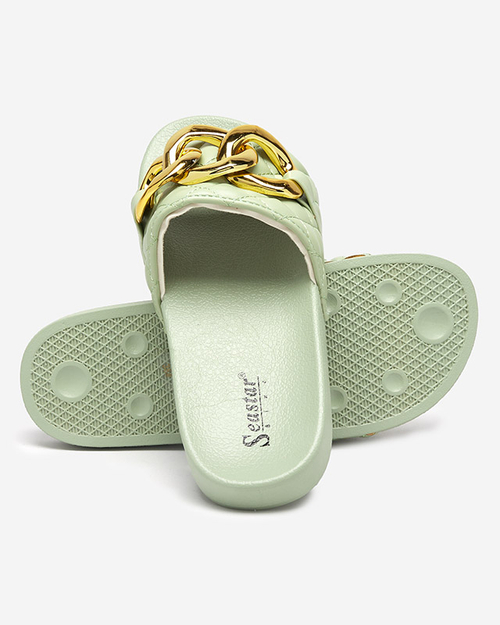 Жіночі зелені стьобані тапочки із золотим ланцюжком Eteris - Взуття
