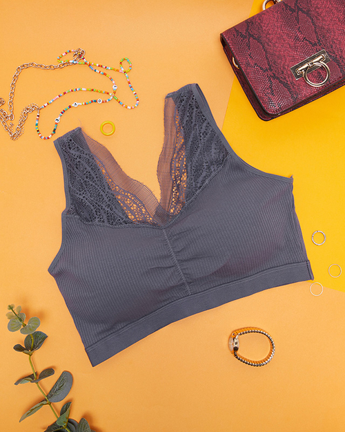 Жіночий темно-сірий спортивний бюстгальтер з мереживом - нижня білизна
