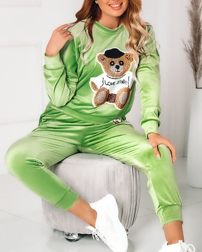 Велюровий зелений спортивний комплект з нашивкою ведмедика - Одяг