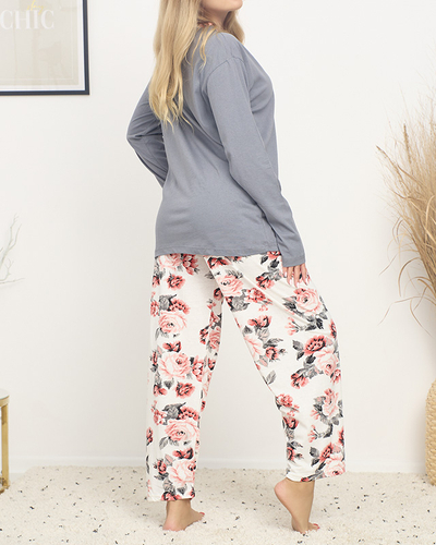 Šedé dámské pyžamo s květinovým potiskem PLUS SIZE - Oblečení