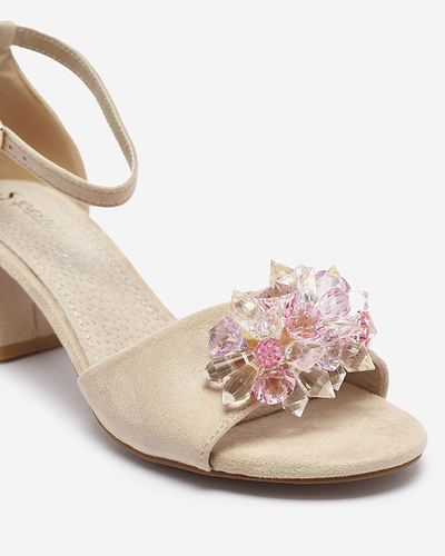 Béžové dámské sandály na podpatku s ozdobnými krystaly Cerosso- Obuv