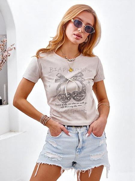 Royalfashion Жіноча бавовняна футболка з стразами та бантом