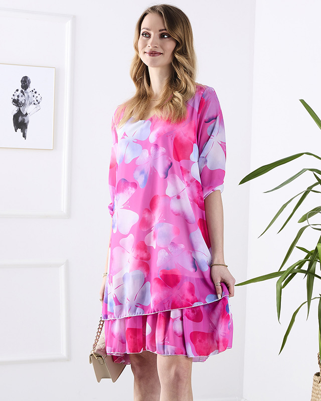 Fuchsiové dámské šaty ke kolenům s potiskem a volánem - Oblečení
