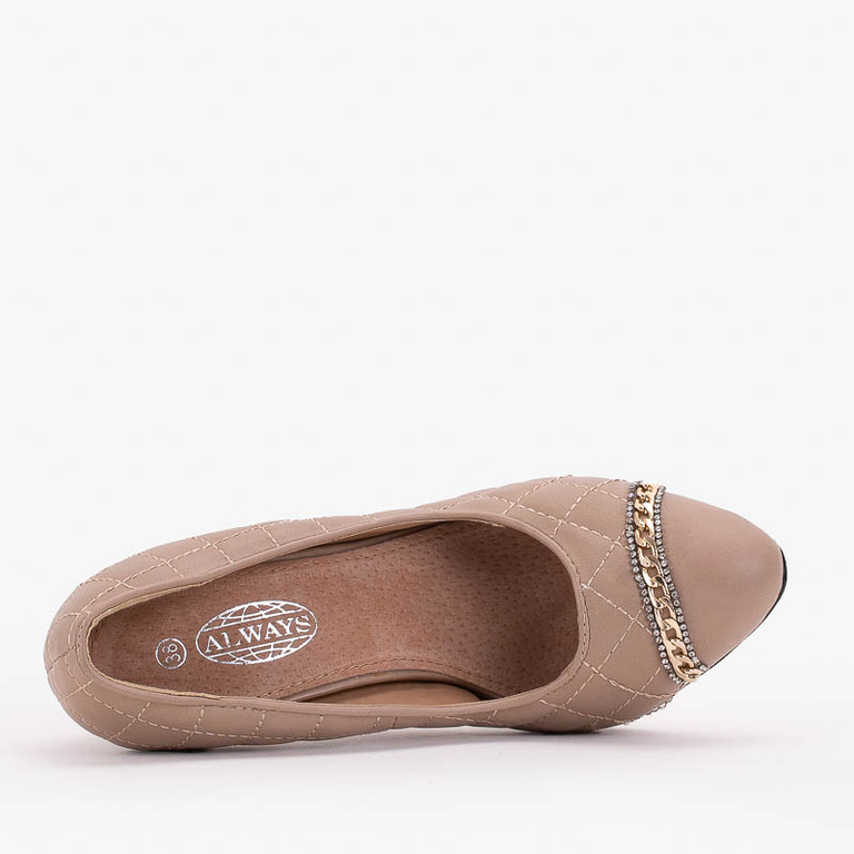 Béžové dámské prošívané lodičky na jehlici se zdobeným Rilasem - Boty