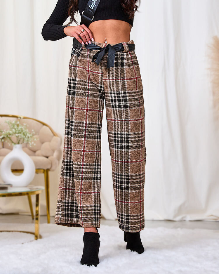 Royalfashion Béžové dámské široké kostkované kalhoty