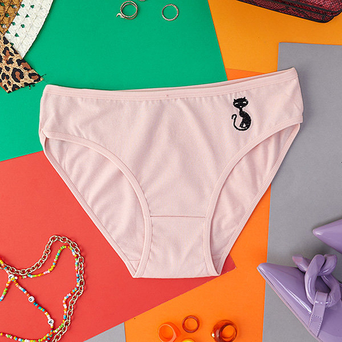 Світло-рожеві бавовняні жіночі труси з вишитим котом - Нижня білизна