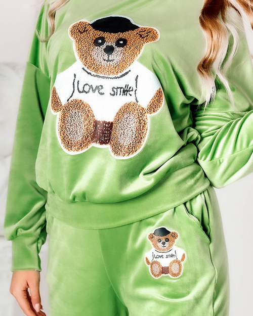 Велюровий зелений спортивний комплект з нашивкою ведмедика - Одяг