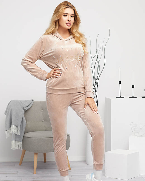 Бежевий жіночий спортивний комплект з принтом і перлами - Одяг