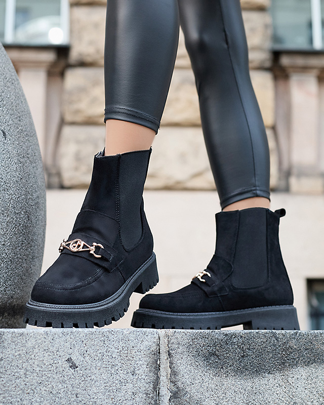 Černé dámské eko semišové zateplené kozačky s ozdobou Setta - Obuv