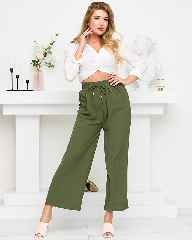 Dámské zelené široké palazzo kalhoty. Oblečení