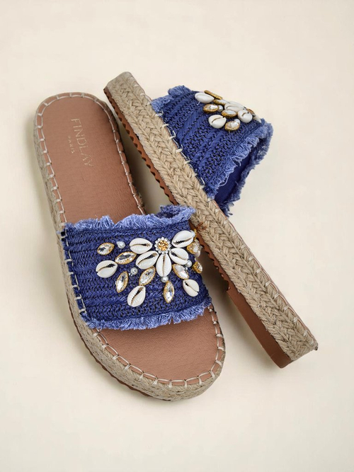 Літні шльопанці Royalfashion Calista – світло-блакитні з мушлями на плоскій підошві