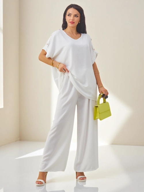 Royalfashion Жіночий бавовняний двочастиновий комплект з короткими рукавами та широкими штанами