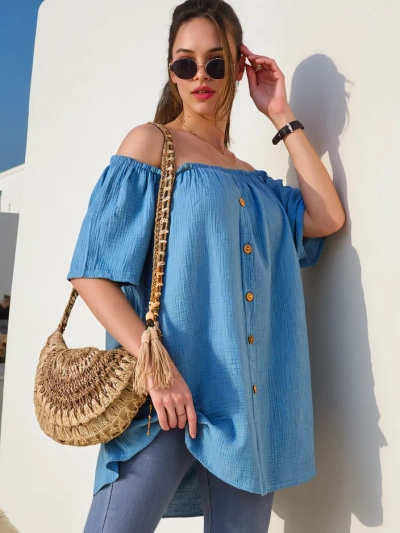 Royalfashion Жіноча бавовняна блузка в іспанському стилі з декоративними ґудзиками