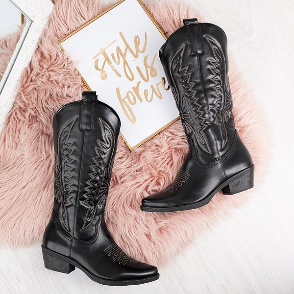 Černé kovbojské boty do lýtka s nízkými podpatky Cowboy - Obuv