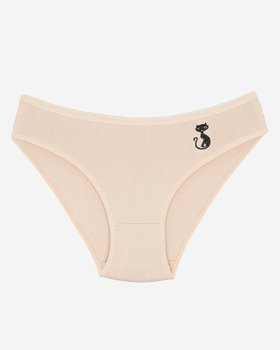 Béžové bavlněné dámské kalhotky s vyšívaným koťátkem - Spodní prádlo