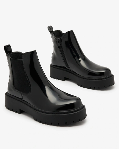 Royalfashion Černé lakované dámské kozačky bez podpatku Glossy Chic