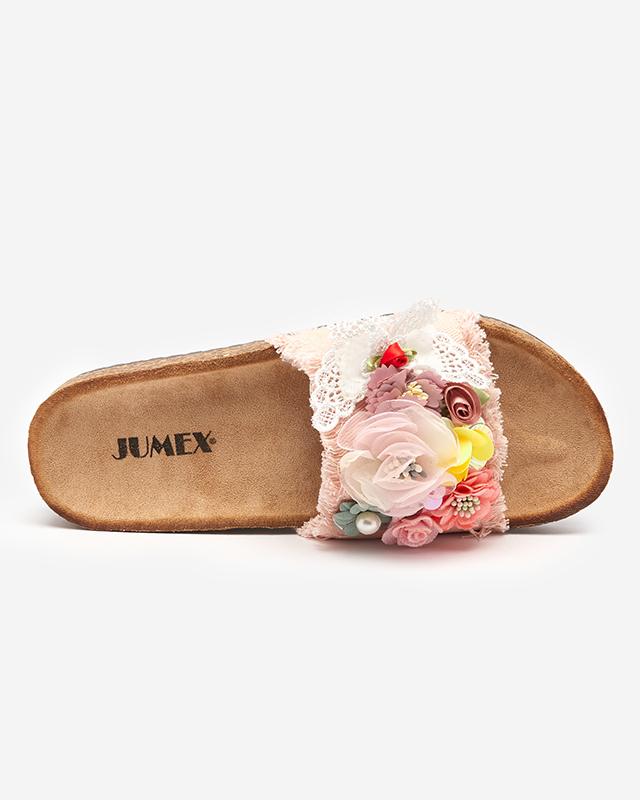 Dámské pantofle s látkovými květy v růžové Ososi- Footwear