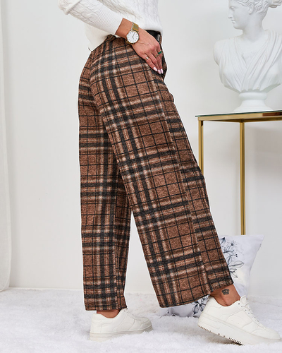 Royalfashion Velbloudí dámské široké kostkované kalhoty