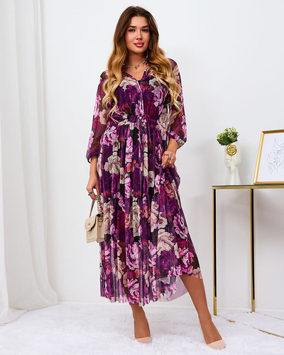 Royalfashion Fialové síťované květované maxi šaty