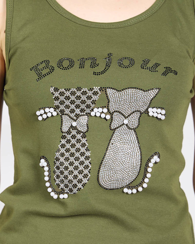 Темно-зелений топ з цирконами та перлами