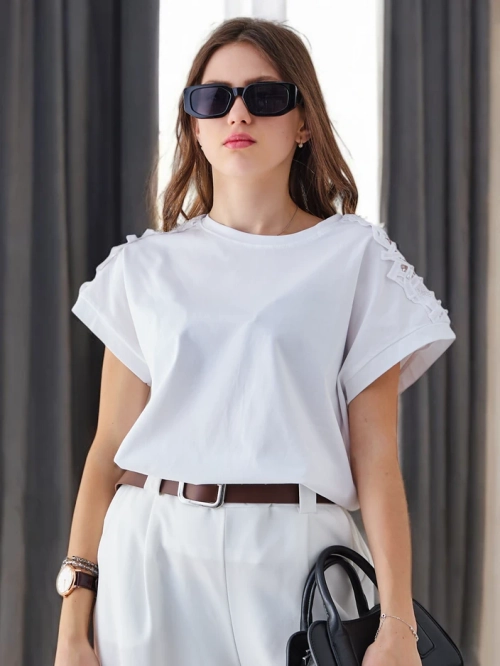 Royalfashion Жіноча бавовняна футболка з мереживними рукавами