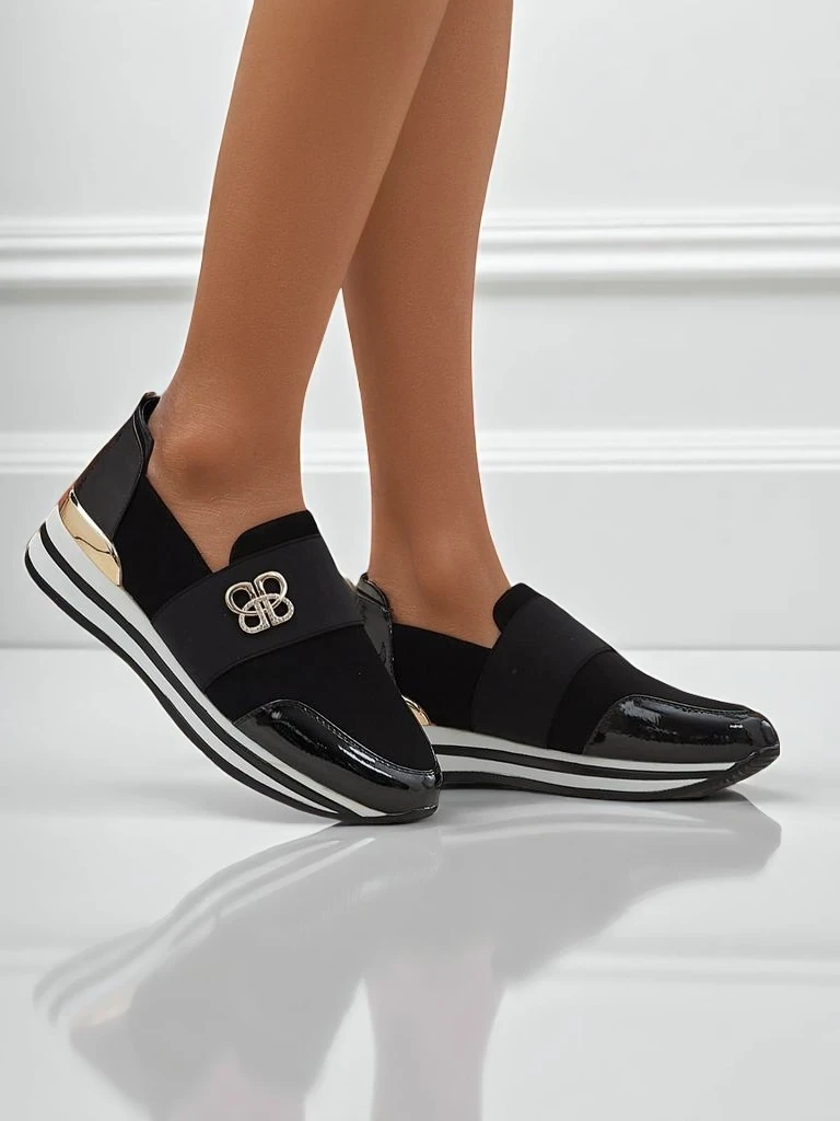 Dámské slip-ony Elektra Nero se zlatým akcentem, ekologická kůže, 3,5 cm