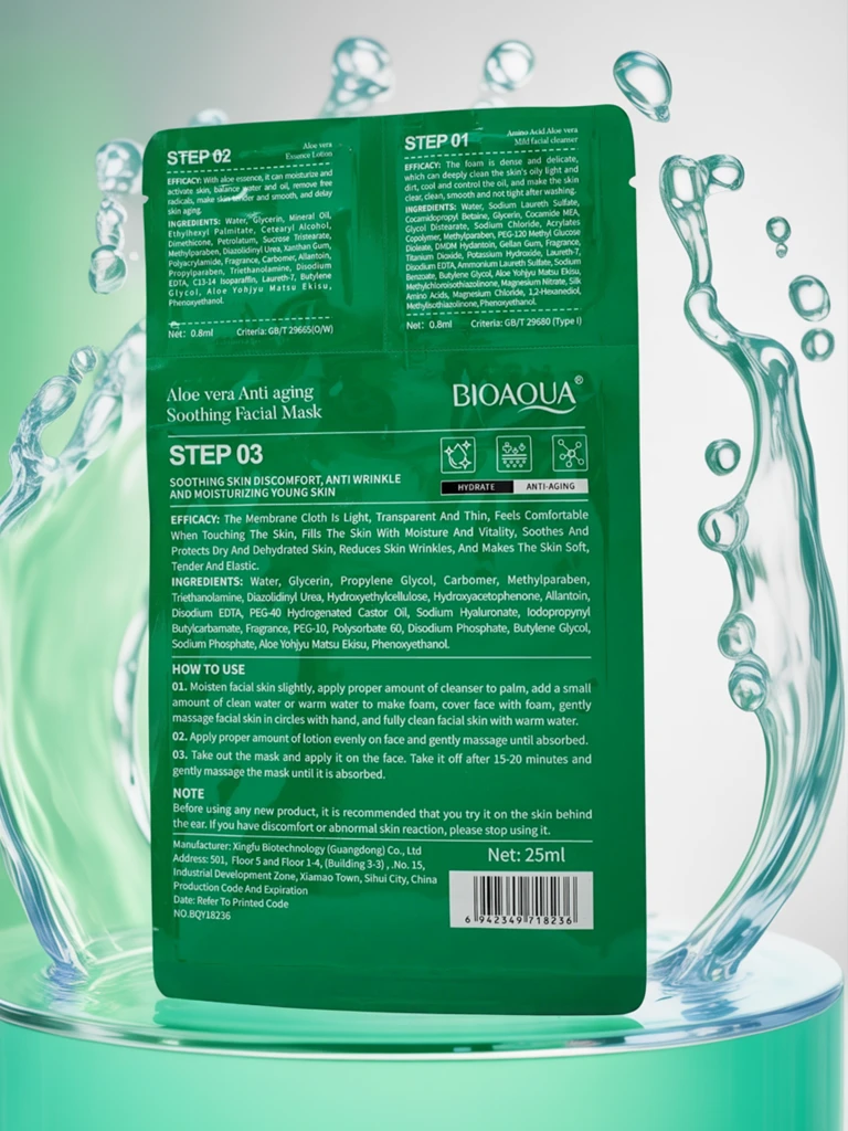 Maska 3v1- 1 čištění obličeje, 2 sérum, 3 hydratační maska, zklidňující s aloe vera