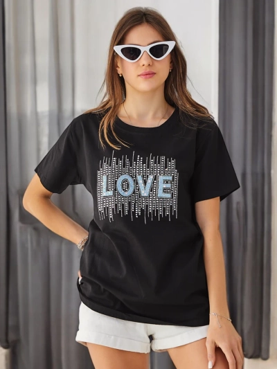Royalfashion Dámské bavlněné tričko LOVE s kamínky