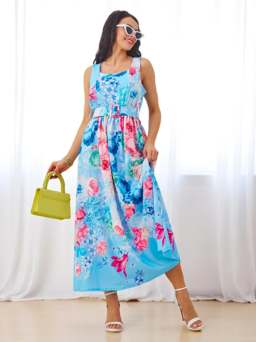 Royalfashion Жіноча міді-сукня з віскози на бретелях, з поясом у різних квіткових візерунках